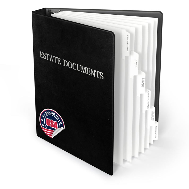 Three Ring Systems Estate Planning Binder with Pre-Labeled Tabs, 1.5-Inch Angle D Ring, Faux Leather, Sheet Protectorsâ€“ Organizing Wills, Trusts, Powers of Attorney (Black with Silver) + Linen Folder - Image 1